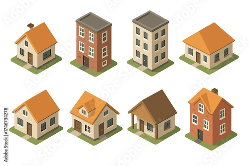 Modern Isometric Home Icons. Classic homes isometric set. cottage home, townhouse home, apartment home, bungalow home, duplex home, suburban home, rural home, city home.