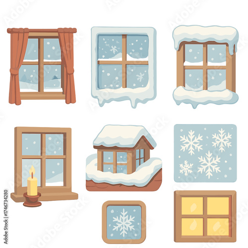 Winter Isometric Icons. Winter view isometric set. window with curtains, frosty glass, snow piled frame, icy border, candle in window, snowy rooftop view, snowflake pattern