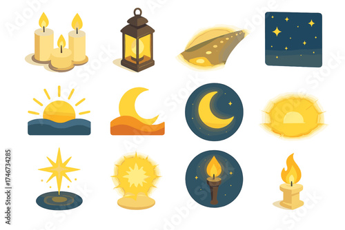 Isometric Light Icons. Light imagery isometric set. candle group, lantern, glowing path, starry sky, sunrise, sunset, moon crescent, radiant horizon, guiding star, cosmic swirl