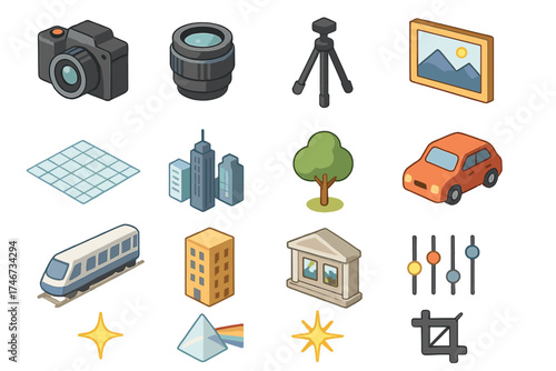 Isometric Photography Icons. Tilt-Shift isometric set. camera, lens, tripod, photo frame, perspective grid, city skyline, miniature tree, car, train, building, gallery, editing