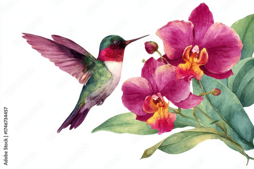 Fototapeta premium Exquisite Hummingbird Artwork Surrounded by Tropical Orchids and Lush Green Leaves on a White Canvas