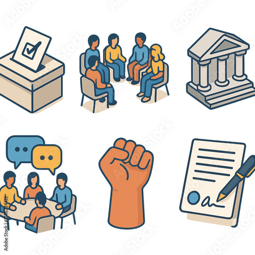 Civic Icons Collection. Public responsibility isometric set. ballot slip, community meeting, courthouse, signed document, group discussion, raised fist, contract paper, civic
