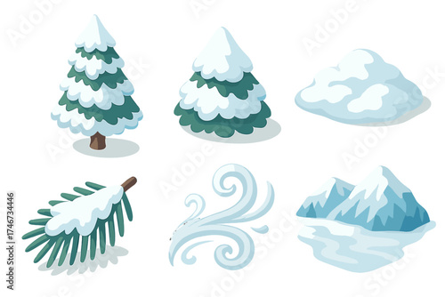 Isometric Frosted Pine Icons. Frosted pine isometric set. tall fir tree, frosted crown, snowy ground, pine branch detail, icy wind swirl, frozen valley