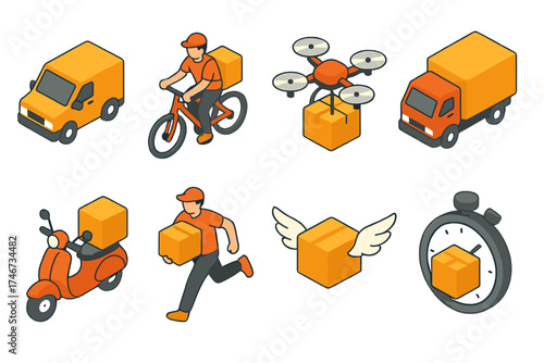 Modern Delivery Icons. Delivery icons isometric set. delivery van, delivery bike, delivery drone, delivery truck, delivery scooter, courier running, package with wings, stopwatch