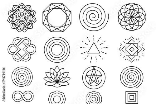 Sacred Geometric Mandala. Spiritual geometry outline set. mandala, octagon, spiral, flower of life, sacred knot, concentric rings, glowing triangle, radiant hexagon, cosmic sphere