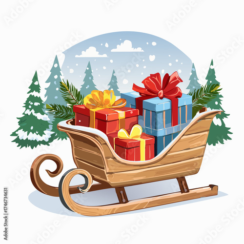 Verschneiter Schlitten mit Geschenken im Wald