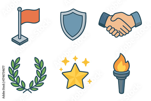 Icons of Honor. Duty honor isometric set. raised flag, protective shield, handshake, laurel wreath, glowing star, guiding torch