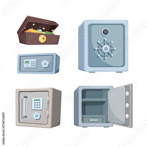 Vector illustration set of various vaults, safes, and money storage boxes. Includes secure metal safes with keypad locks, combination dials, and a treasure chest filled with gold and cash. Some safes 