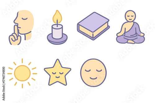 Serene Icon Set. Holy quiet isometric set. hush gesture, candle flame, closed book, meditating figure, radiant circle, calm star, serene face, soft glow.
