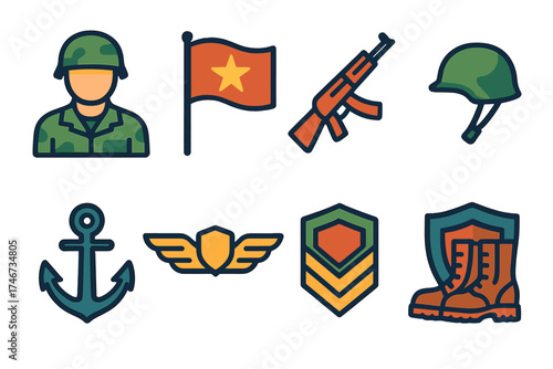 Military Icon Set. Service branch flat icon set. soldier figure, flag with star, rifle and helmet, ship anchor, pilot wings, chevron badge, shield emblem, marching boots.