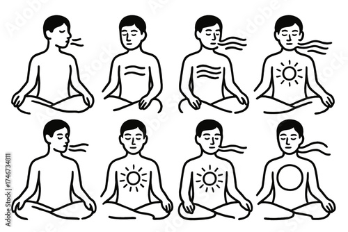 Meditative Silhouette Icons. Breath focus outline set. sitting silhouette, wave lines, glowing chest, meditating pose, serene face, flowing air, calm body, radiant circle.