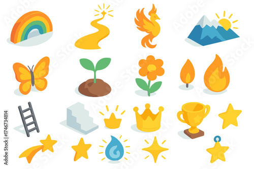 Hope Symbol Collection. Hope icons isometric set. rainbow arc, shining path, phoenix, mountain horizon, butterfly, sprouting seed, blooming flower, flame of hope, ladder, staircase