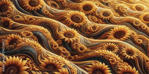 A digital art piece depicting a wave pattern composed of sunflowers, creating a vibrant and textured background.