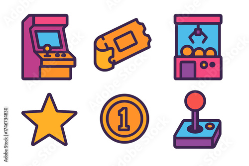 Vibrant Arcade Setup. Arcade game room flat icon set. arcade cabinet, ticket roll, claw machine, star, coin, joystick.