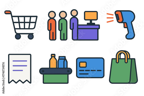 Minimalistic Shopping Queue. Checkout line flat icon set. shopping cart, people in queue, cashier counter, barcode scanner, receipt slip, product conveyor, payment card, bagged