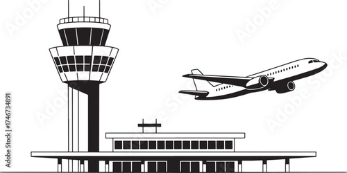 Airport control tower and airplane taking off on a white background Keywords: airport, control tower