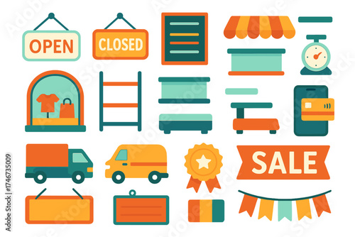 Vibrant Business Icons. Business elements flat icon set. open sign, closed sign, chalkboard menu, awning, display window, shelf, counter, weighing scale, delivery truck, package