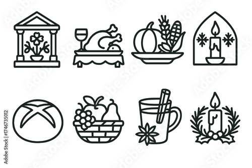 Seasonal Festivity Icons. Seasonal festivity outline set. spring blossom altar, summer feast, autumn harvest offering, winter vigil, festive bread, fruit basket, spiced drink