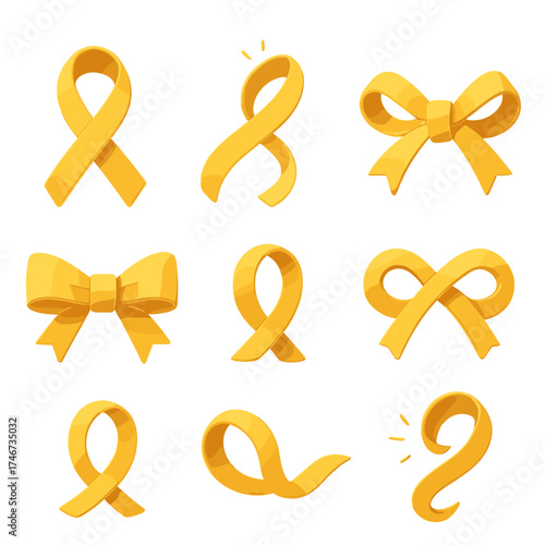 Isometric Ribbon Icons. Symbolic ribbon isometric set. awareness loop, glowing strand, tied ribbon, decorative knot, folded bow, simple loop, festive ribbon, radiant curl.