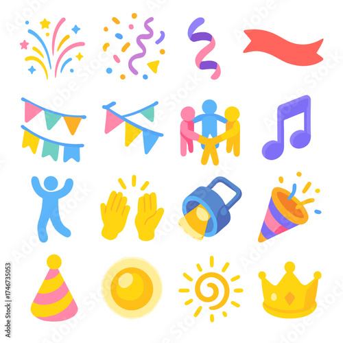 Celebration Isometric Icons. Celebration visuals isometric set. fireworks, confetti, streamer, ribbon, garland, festive banner, unity circle, music note, dance figure, clapping