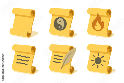 Isometric Scroll Icons. Principle scroll isometric set. curled edges, harmony circle, sacred flame, engraved script, feather quill, radiant aura