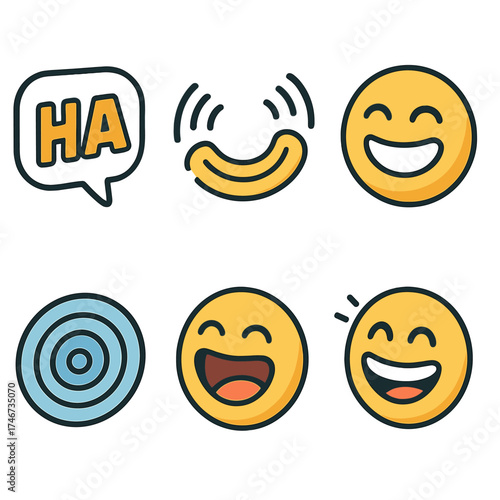 Isometric Laughter Icons. Playful laugh isometric set. comic bubble, ha-ha text, curved sound waves, joyful grin, repeated smile, ripple lines, open-mouth laugh, cheerful vibe.