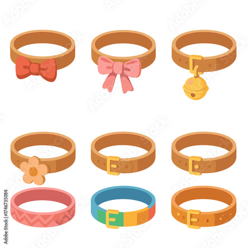 Cute Collar Icons. Cute collars isometric set. bow tie collar, ribbon collar, bell collar, heart tag collar, flower collar, patterned collar, colorful collar, glitter collar.