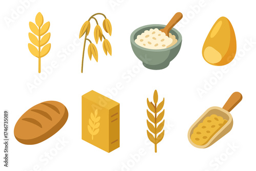 Isometric Grain Icons. Healthy grains isometric set. stalk of wheat, oats cluster, rice bowl with spoon, corn kernel, bread loaf, cereal box, barley icon, grain scoop.