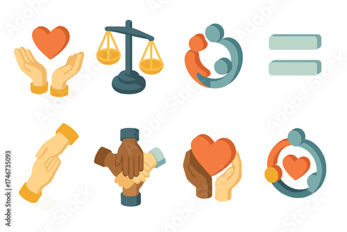Fairness Icon Set. Fair support isometric set. open hands with heart, balanced scale, group unity, equal symbol, helping gesture, diverse hands, shared heart, protective circle.
