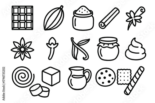 Cocoa Creations. Cocoa elements outline set. chocolate bar, cocoa bean, cocoa powder jar, cinnamon stick, star anise, clove, vanilla pod, honey jar, caramel swirl, sugar cube, milk