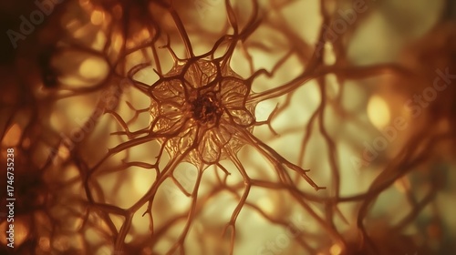 Hypnotic abstract digital rendering of a central neuronal cell or brain neuron with extending dendrites, glowing in warm amber and brown tones with a shallow depth of field
