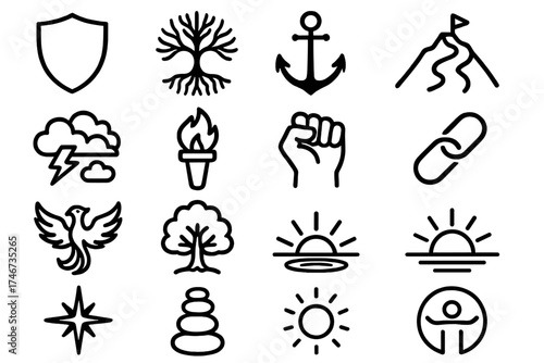 Symbols of Strength. Resilience signs outline set. shield, tree roots, anchor, mountain trail, storm cloud clearing, flame torch, strong fist, chain link, phoenix, oak tree, ripple