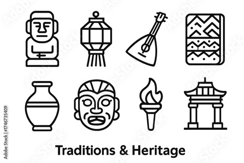 Cultural Symbol Icons. Traditions & Heritage outline set. ancestral statue, festival lantern, folk instrument, patterned fabric, pottery vase, ceremonial mask, fire torch, temple