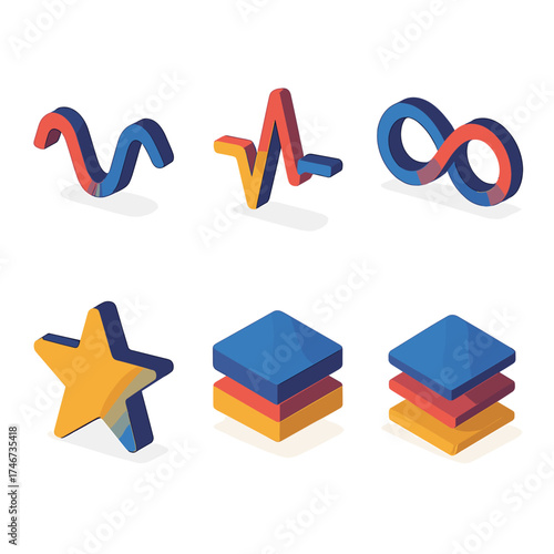 Modern Isometric Icons. Abstract attention span isometric set. wave, pulse line, infinity loop, prism, star, layers.