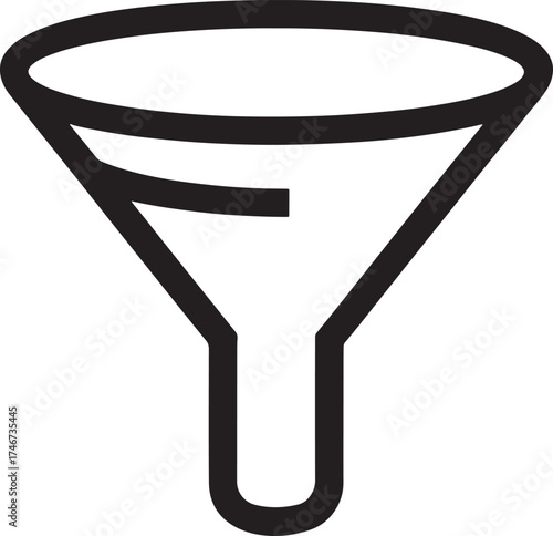 Black outline icon of a funnel on a white background Keywords: funnel, filter, sieve, separation