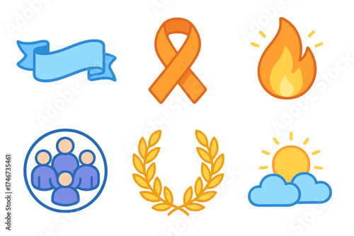 Modern Awareness Icons. Awareness banner isometric set. flowing banner, awareness ribbon, glowing flame, community circle, laurel wreath, bright sky