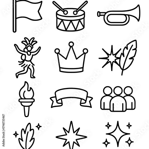 Parade Icon Extravaganza. Parade banner outline set. flag, marching drum, trumpet, mask, dancer, crown, starburst, feather, torch, ribbon, group of people, sparkles.