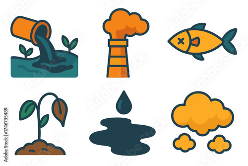 Pollution Icons Collection. Environmental toxins flat icon set. polluted river, smokestack, dead fish, wilted plant, oil spill, gas cloud.