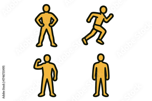 Dynamic Male Poses. Male figure isometric set. athletic stance, running motion, flexed arm, upright figure, bold outline, grounded feet