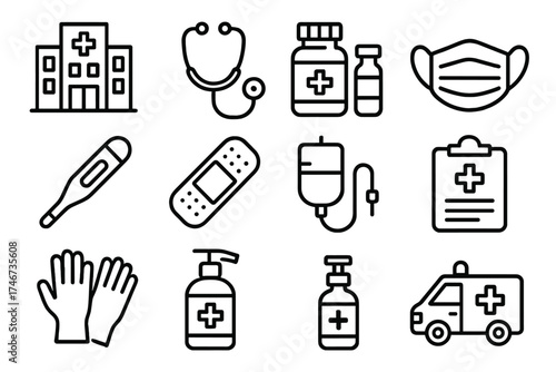 Medical Icon Set. Medical virus outline set. hospital, stethoscope, pill bottle, vaccine vial, face mask, thermometer, bandage, IV drip, hospital chart, gloves, hand sanitizer