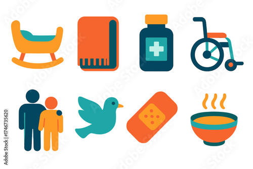 Caregiver Icon Set. Caregiver flat icon set. cradle, blanket, medicine bottle, wheelchair, supportive figure, dove, bandage, warm soup bowl.