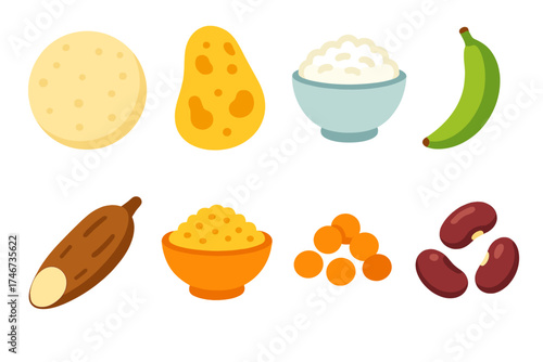 Global Food Icons. Global staples flat icon set. tortilla, naan bread, sushi rice, plantain, cassava root, couscous, lentils, beans.