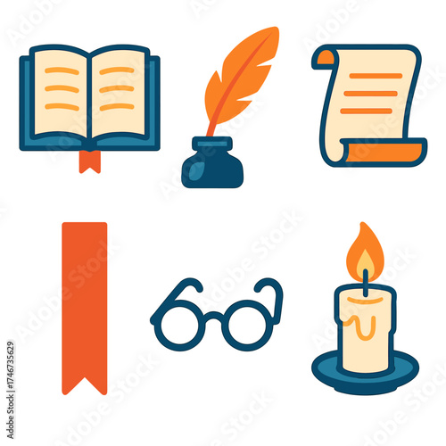 Literary Icon Set. Literary anthology flat icon set. open book, feather quill, scroll, bookmark, glasses, candle.