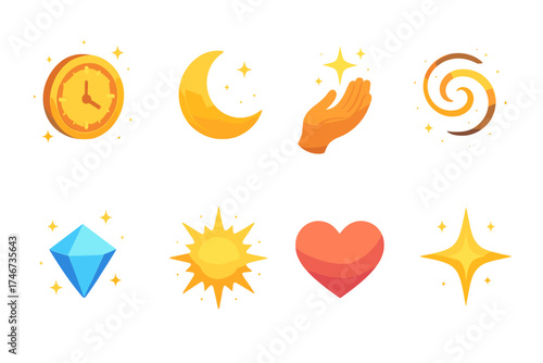 Isometric Magic Icons. Wonder time isometric set. glowing clock, sparkling moon, radiant hand gesture, magic swirl, shining gem, aura burst, glowing heart, starlight sparkle.