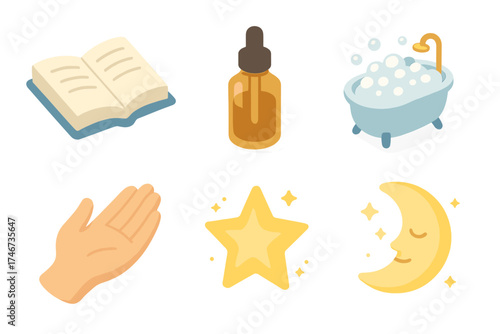 Isometric Self-Care Icons. Self care isometric set. open book, scented oil, bubble bath, gentle hand, glowing star, peaceful moon