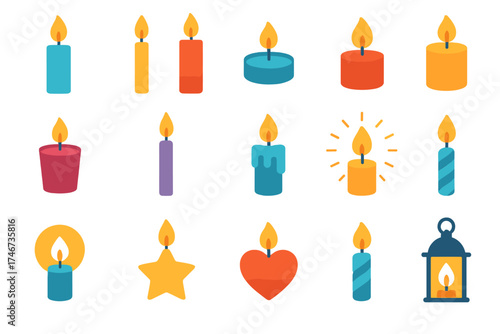 Vibrant Candle Icons. Candle icons flat icon set. single blue candle, tall candle, short candle, tea light, pillar candle, votive candle, taper candle, dripping candle, glowing