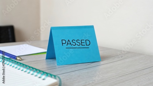 Blue note card with the word Passed displayed on a table