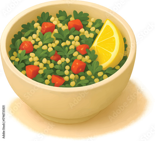 Fresh couscous salad with tomatoes, parsley, and lemon in a bowl ready to enjoy, offering a vibrant and healthy culinary experience, perfect for food blogs