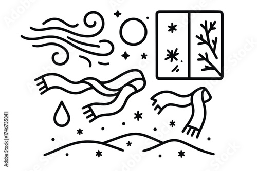 Chilly Moonlit Breeze. Chilly breeze outline set. airy gust, frosted window, blowing scarf, cold droplet, snowy ground, moonlit sky