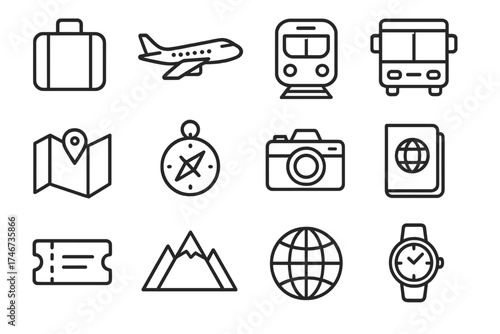 Travel Icon Montage. Travel clock outline set. suitcase, airplane, train, bus, map, compass, camera, passport, ticket, mountain, globe, watch.